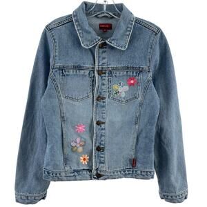 IDPDT Y2K Blue Denim Floral Applique Cotton Jean Jacket Women’s Medium Preowned